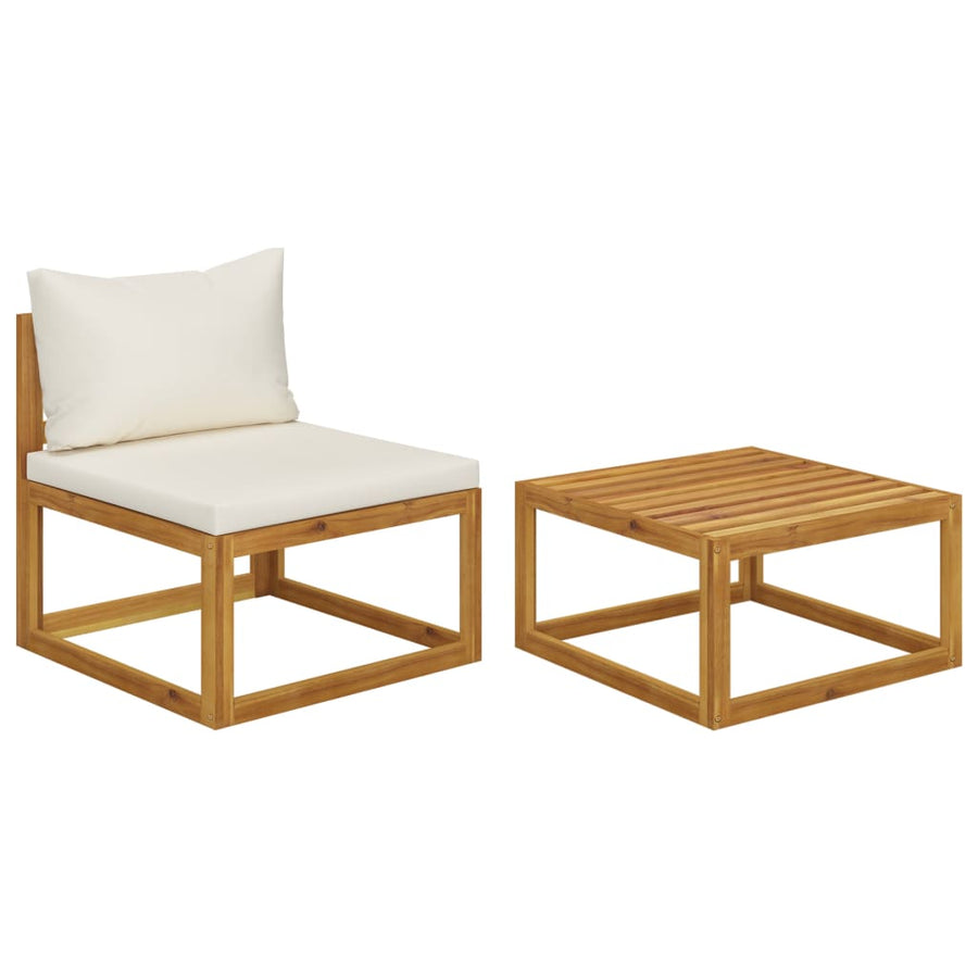 2-Delige Loungeset Met Kussens Massief Acaciahout crème Middenbank + salontafel