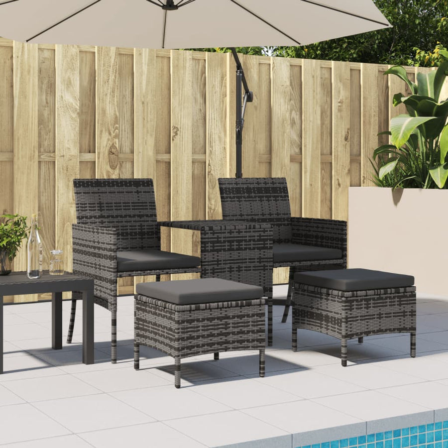 Tuinbank met tafeltje en krukken tweezits poly rattan grijs