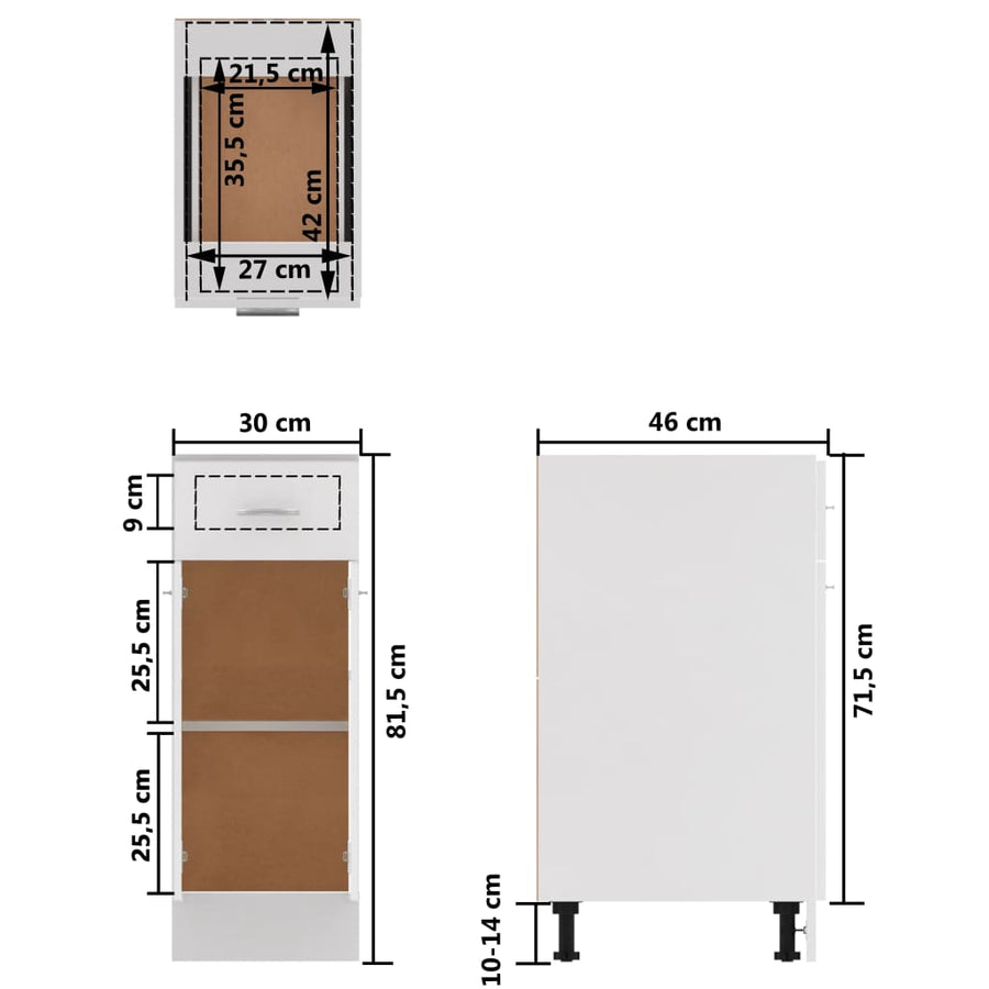 Onderkast met lade 30x46x81,5 cm bewerkt hout wit Wit