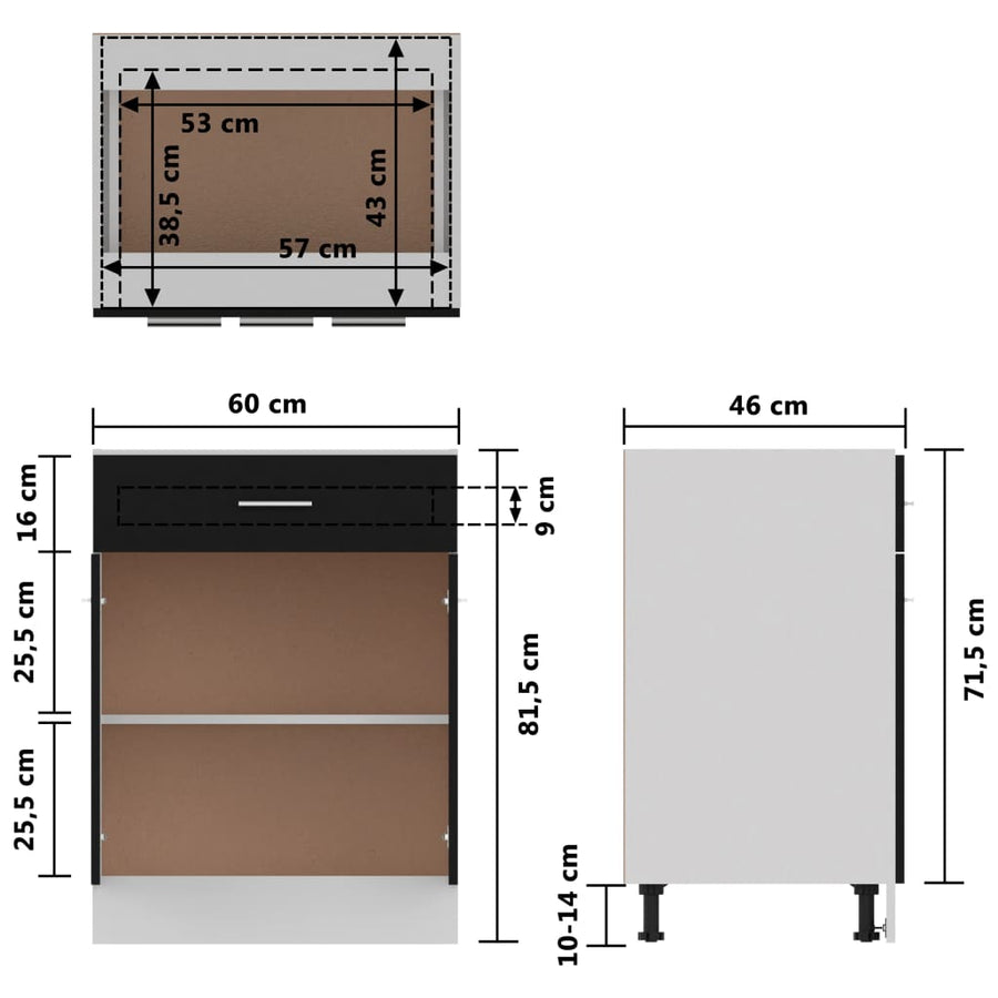Onderkast met lade 60x46x81,5 cm bewerkt hout zwart Onderkast met lade 60 cm