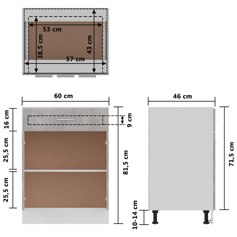 Onderkast met lade 60x46x81,5 cm bewerkt hout betongrijs