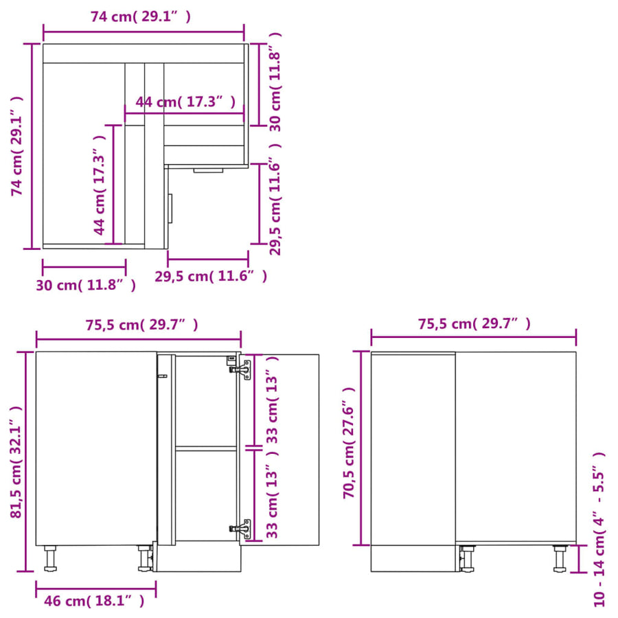 Hoekonderkast 75,5x75,5x80,5 cm spaanplaat betongrijs Hoekonderkast