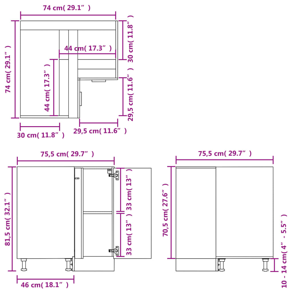 Hoekonderkast Lyon 75,5X75,5X81,5 Cm Bewerkt Hout Hoogglans Wit 1