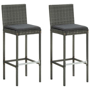 2 Garden bar stools with cushions poly rattan grey