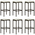6 Brown poly rattan bar stools with cushions