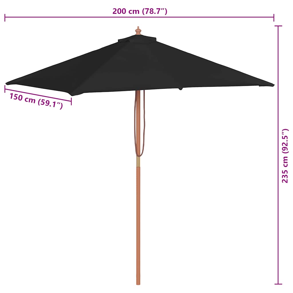 Parasol met houten paal 150x200 cm zwart