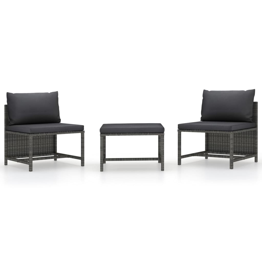 3-Delige Loungeset Met Kussens Poly Rattan Grijs 2x midden + voetensteun