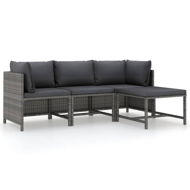 4-Delige Loungeset Met Kussens Poly Rattan Grijs 2x hoek + midden + voetensteun