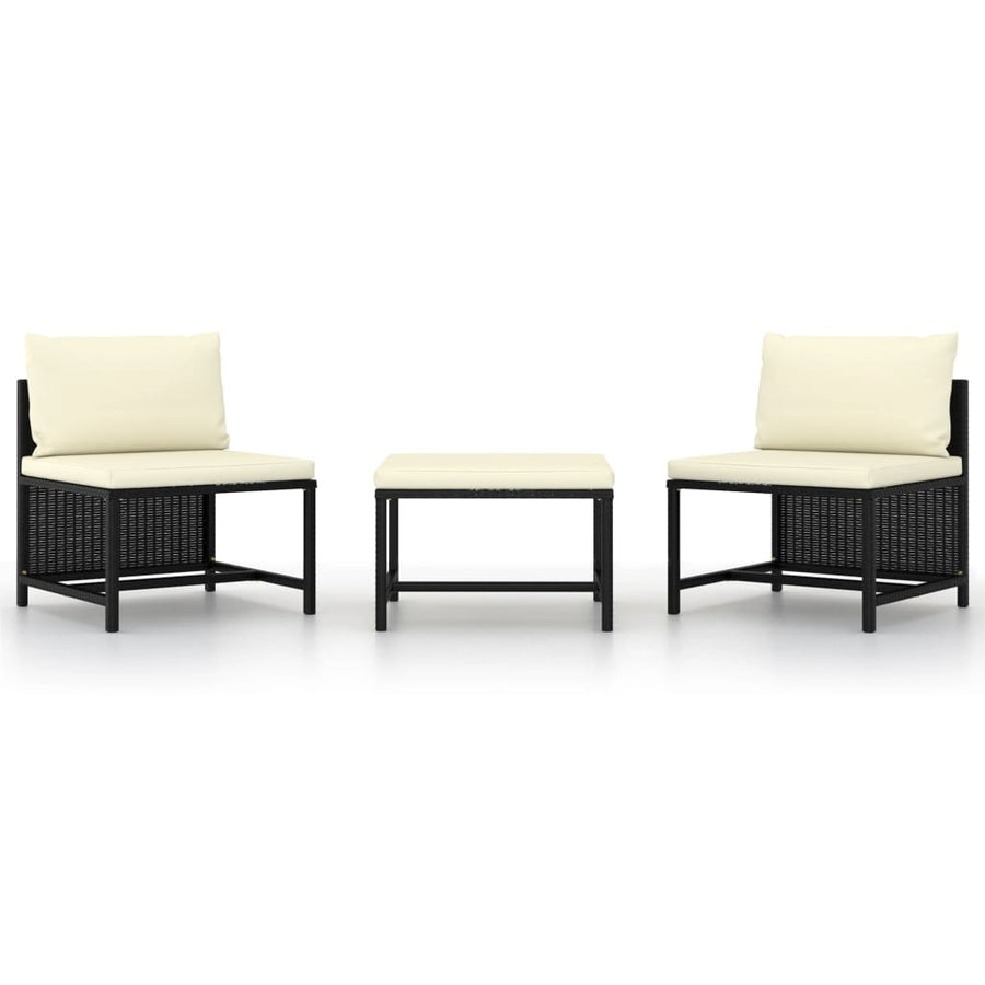 3-delige Loungeset met kussens poly rattan zwart 1 Zwart