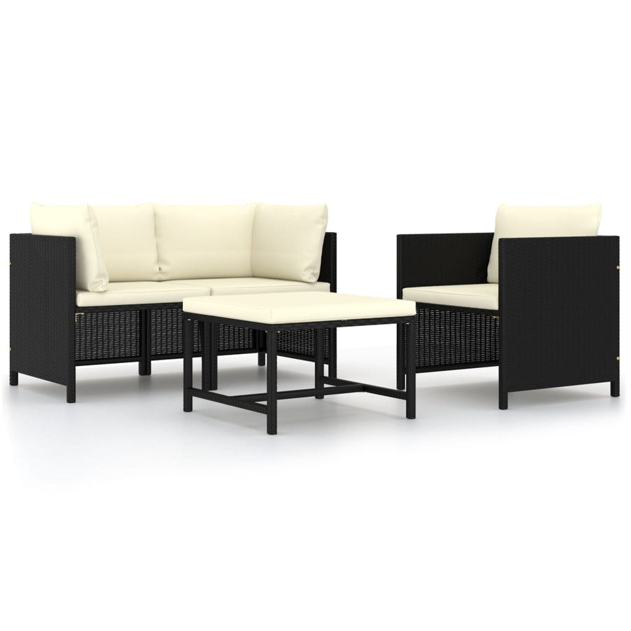 4-delige Loungeset met kussens poly rattan zwart Zwart 2x hoek + Fauteuil + voetensteun