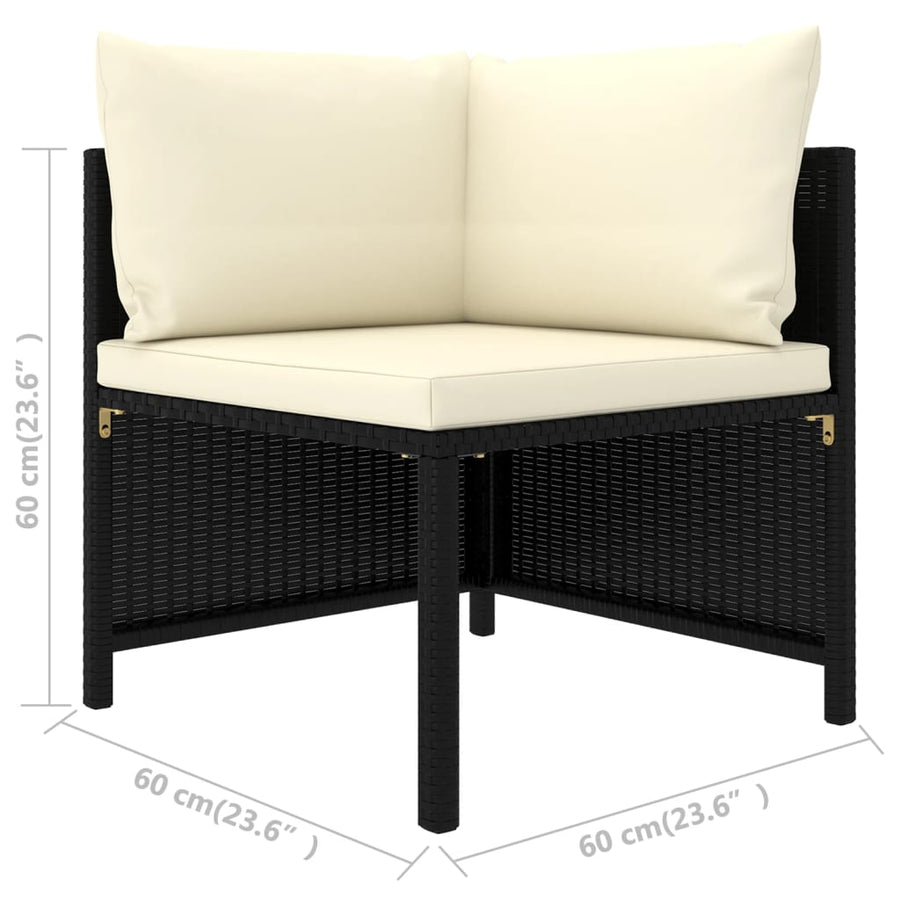4-delige Loungeset met kussens poly rattan zwart Zwart 2x hoek + Fauteuil + voetensteun