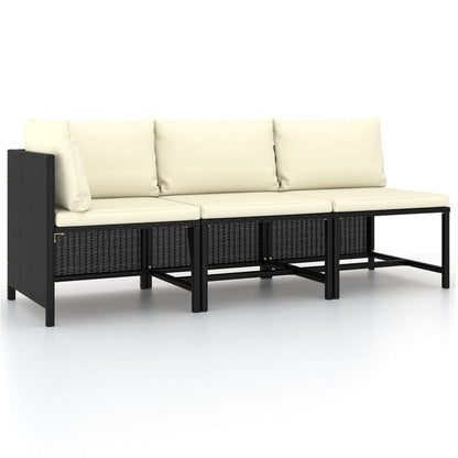 3-Delige Loungeset Met Kussens Poly Rattan Zwart hoek + 2x midden