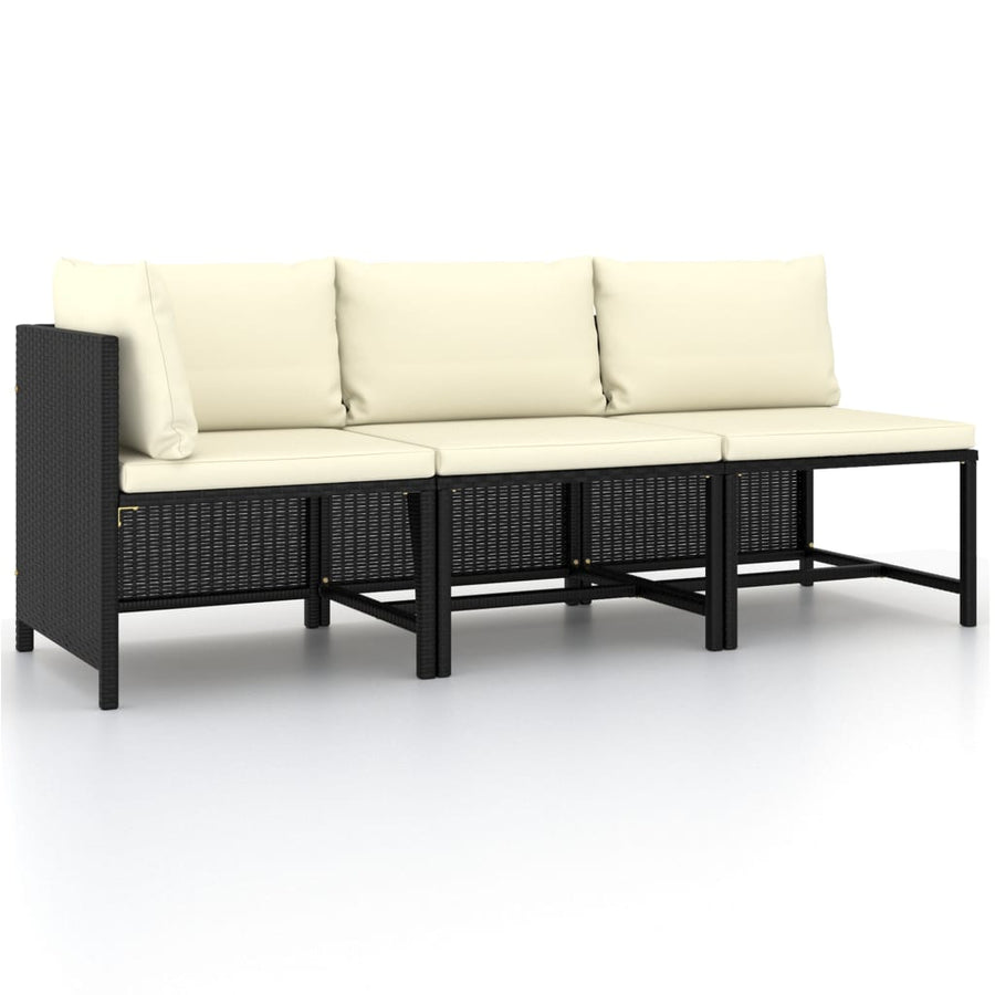 3-Delige Loungeset Met Kussens Poly Rattan Zwart hoek + 2x midden