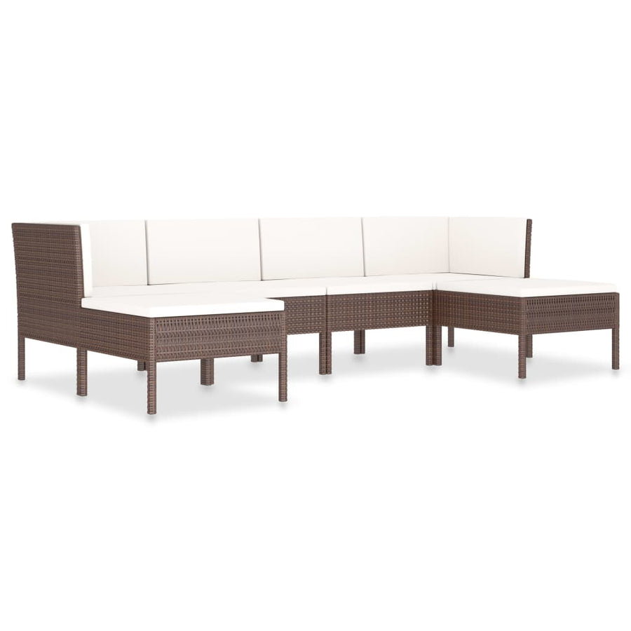 6-Delige Loungeset Met Kussens Poly Rattan Bruin 2x hoek + 2x midden + 2x voetensteun