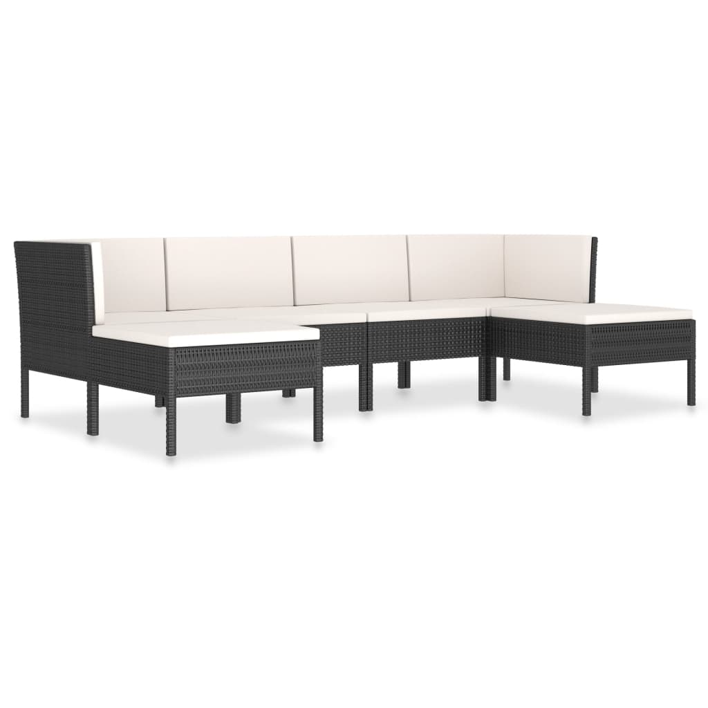 6-Delige Loungeset Met Kussens Poly Rattan Zwart en crème 2x hoek + 2x midden + 2x voetensteun