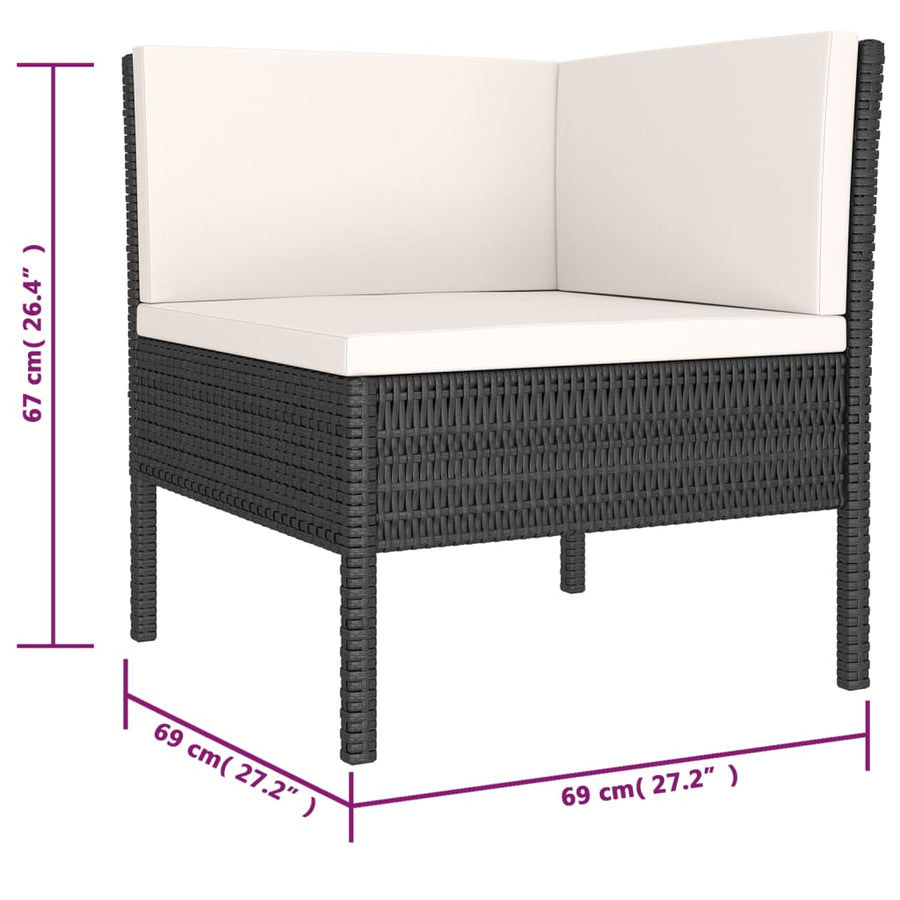 6-Delige Loungeset Met Kussens Poly Rattan Zwart en crème 2x hoek + 2x midden + 2x voetensteun