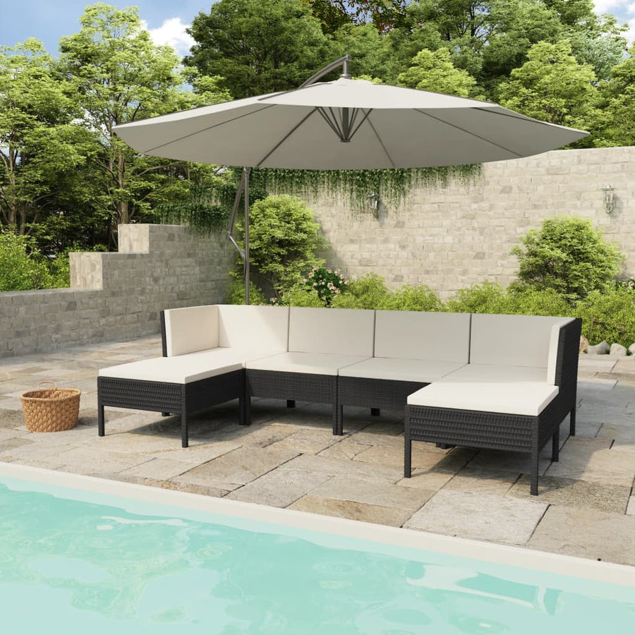6-Delige Loungeset Met Kussens Poly Rattan Zwart en crème 2x hoek + 2x midden + 2x voetensteun