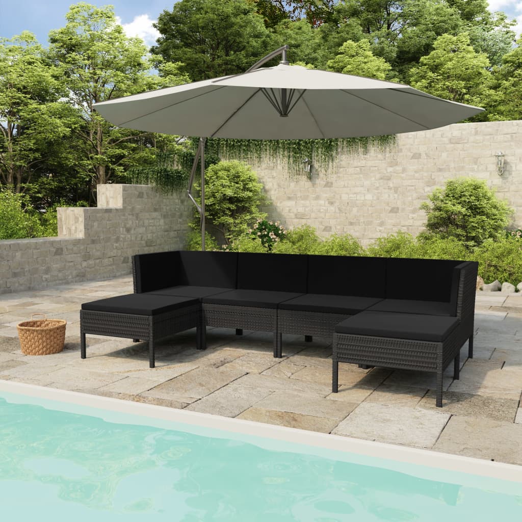 6-delige Loungeset met kussens poly rattan zwart
