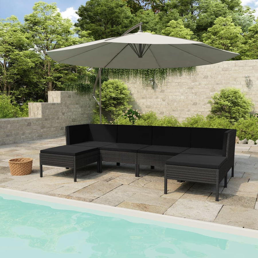6-delige Loungeset met kussens poly rattan zwart