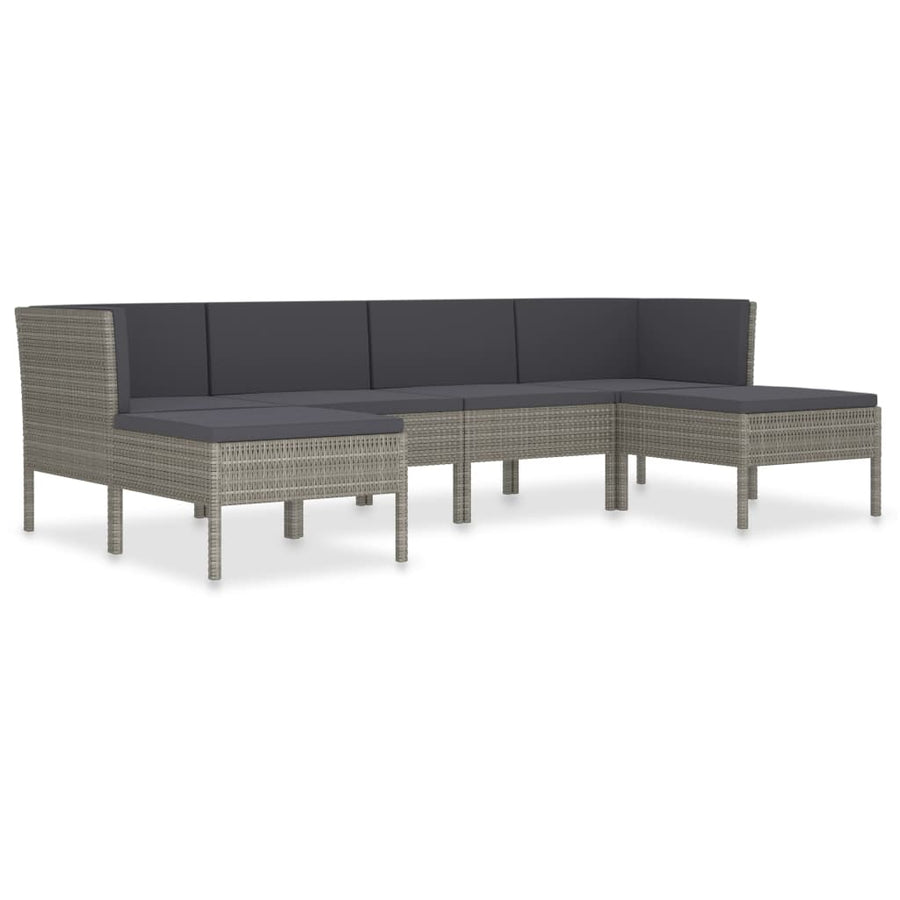 6-Delige Loungeset Met Kussens Poly Rattan Grijs 2x hoek + 2x midden + 2x voetensteun