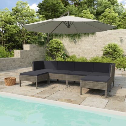 6-Delige Loungeset Met Kussens Poly Rattan Grijs 2x hoek + 2x midden + 2x voetensteun