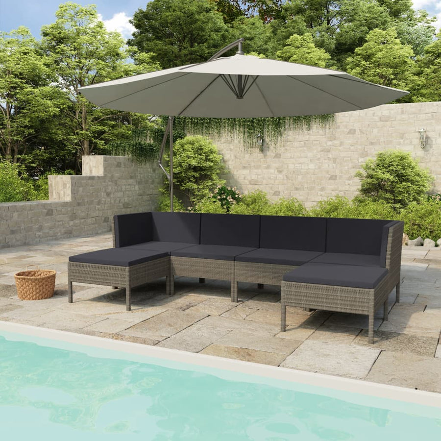 6-Delige Loungeset Met Kussens Poly Rattan Grijs 2x hoek + 2x midden + 2x voetensteun