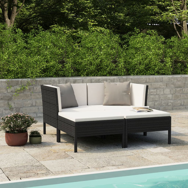 4-Delige Loungeset Met Kussens Poly Rattan Zwart en crème 2x hoek + 2x voetensteun