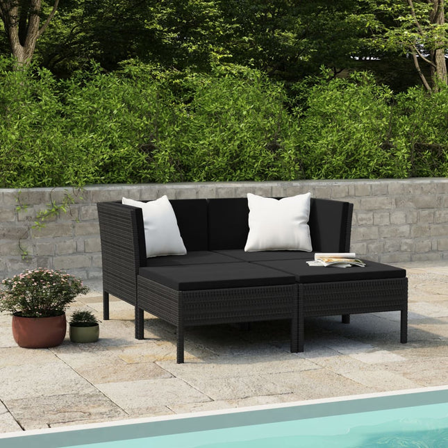 4-Delige Loungeset Met Kussens Poly Rattan Zwart 2x hoek + 2x voetensteun