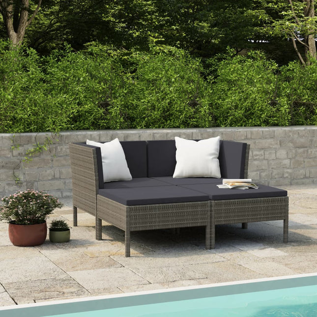 4-Delige Loungeset Met Kussens Poly Rattan Grijs 2x hoek + 2x voetensteun