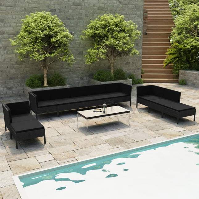 0-Delige Loungeset Met Kussens Poly Rattan Zwart 4x hoek + 4x midden + 2x voetensteun