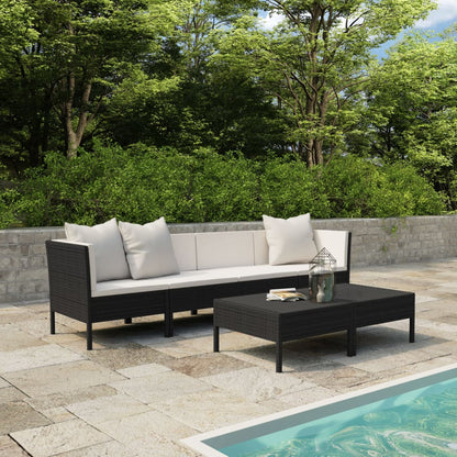 6-Delige Loungeset Met Kussens Poly Rattan Zwart en crème 2x hoek + 2x midden + 2x Tafel