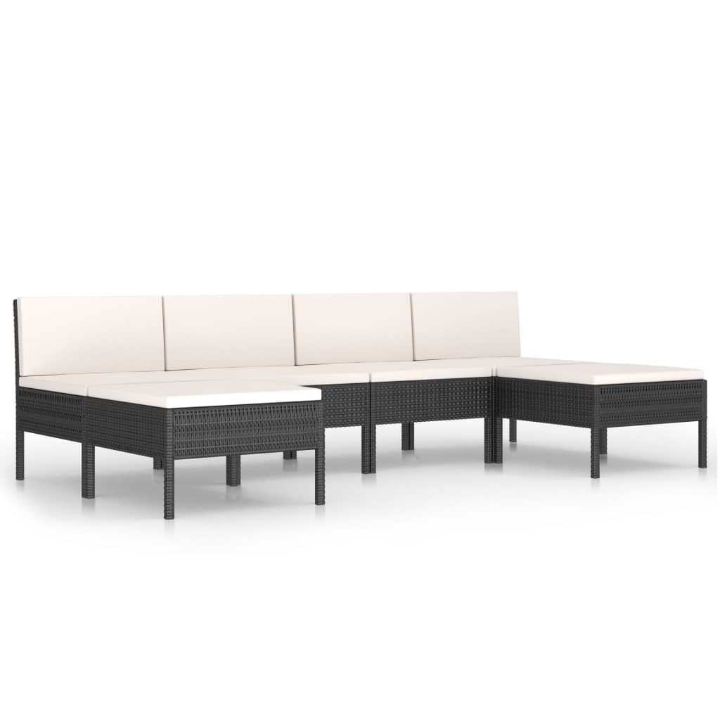 6-delige Loungeset met kussens poly rattan zwart