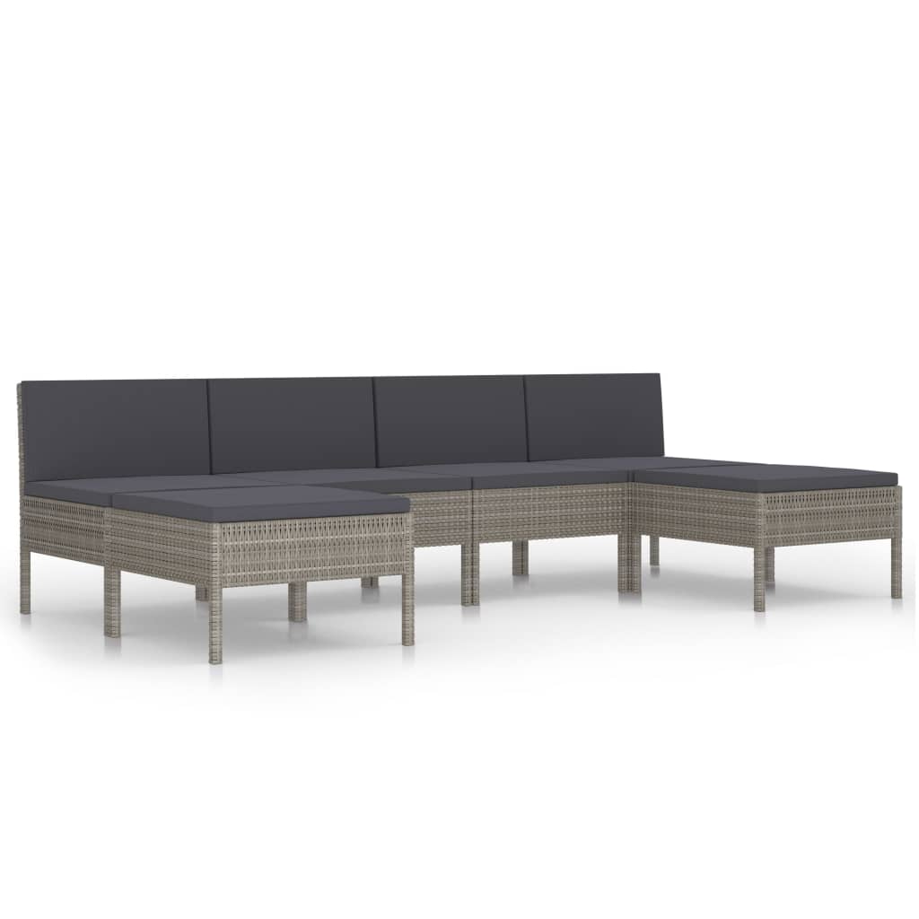 6-Delige Loungeset Met Kussens Poly Rattan Grijs 4x midden + 2x voetensteun