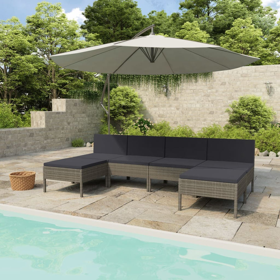6-Delige Loungeset Met Kussens Poly Rattan Grijs 4x midden + 2x voetensteun