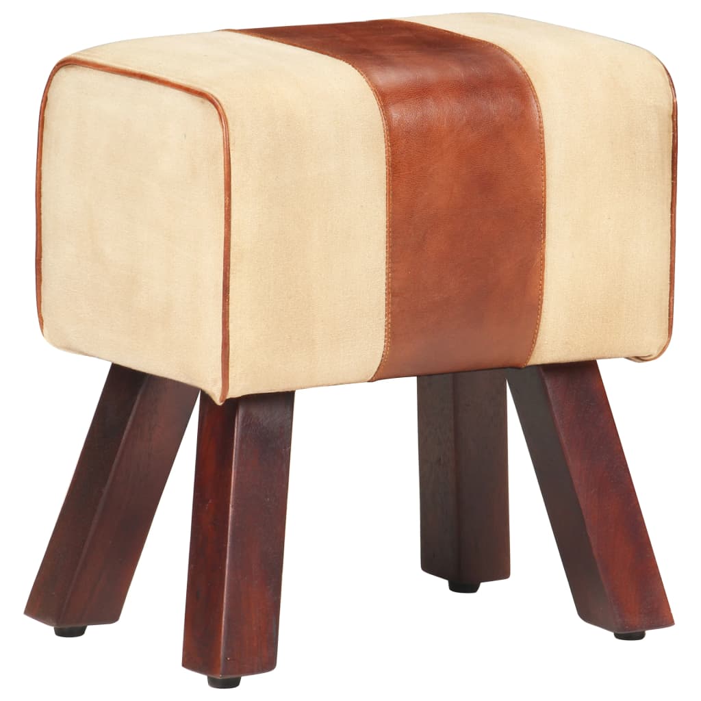 Bankje Turnbok 38 Cm Echt Leer En Massief Mangohout Bruin Bruin en wit