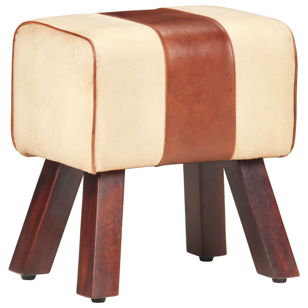 Bankje Turnbok 38 Cm Echt Leer En Massief Mangohout Bruin Bruin en wit