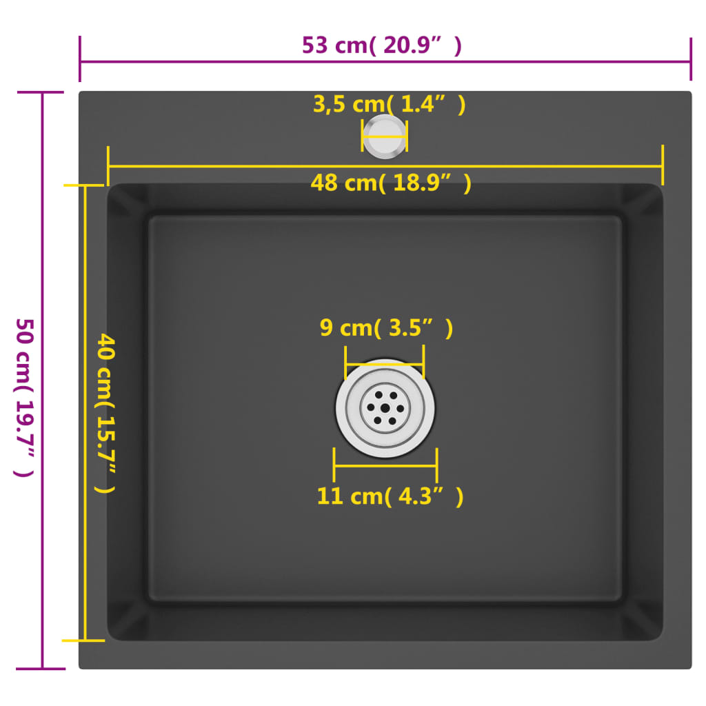 Gootsteen Handgemaakt Roestvrij Staal 53 x 50 x 20 cm Zwart
