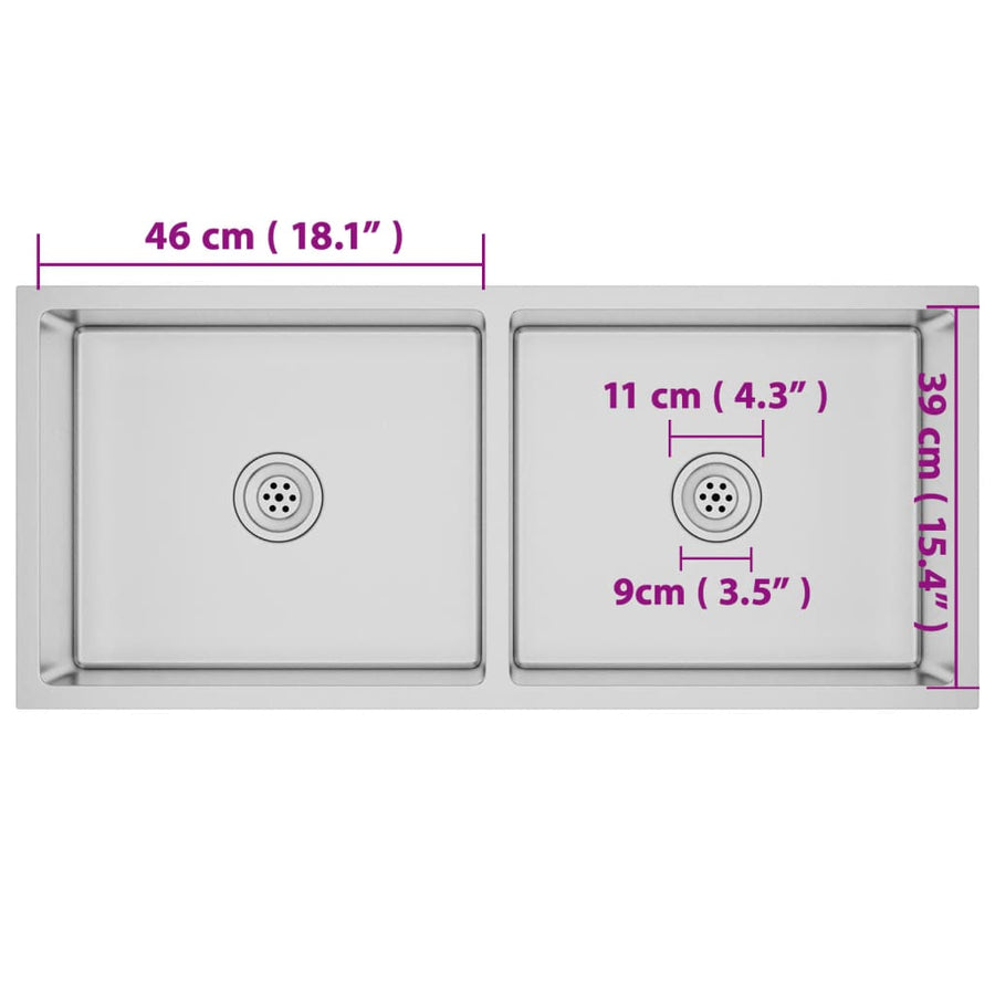 Gootsteen Handgemaakt Roestvrij Staal 100 x 44 x 20 cm (two sinks) Zilver