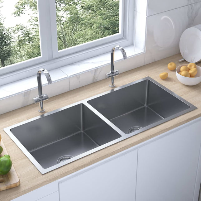 Gootsteen Handgemaakt Roestvrij Staal 100 x 44 x 20 cm (two sinks) Zilver