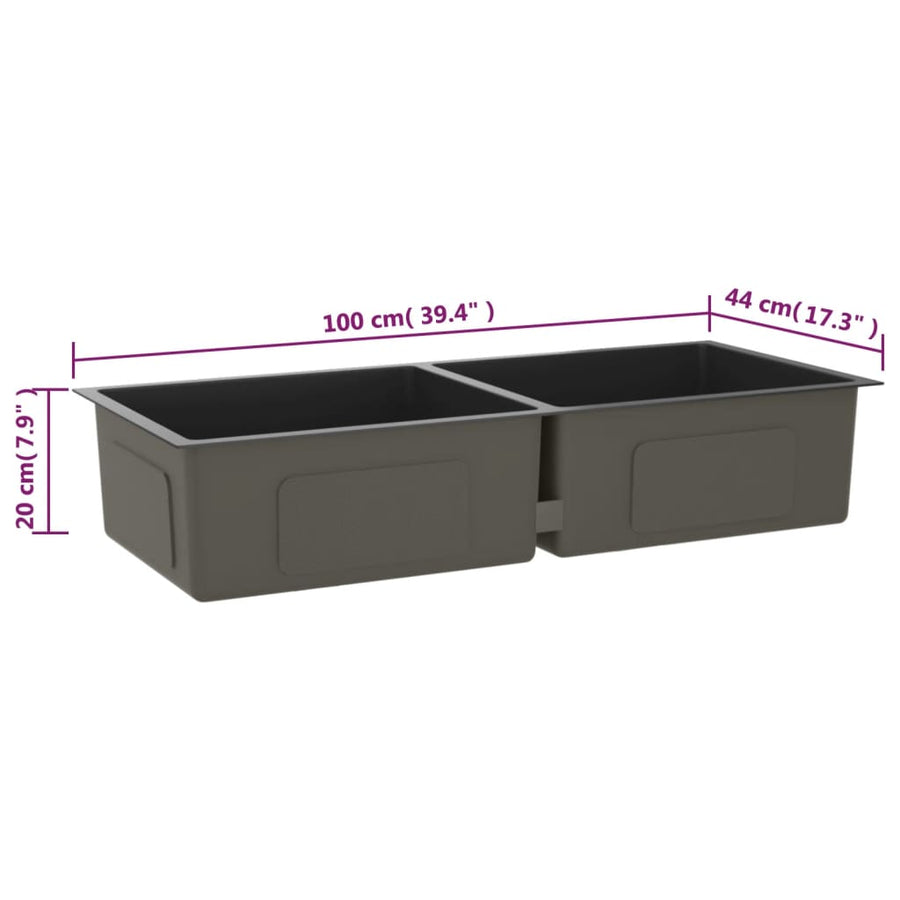 Gootsteen Handgemaakt Roestvrij Staal 100 x 44 x 20 cm (two sinks) Zwart