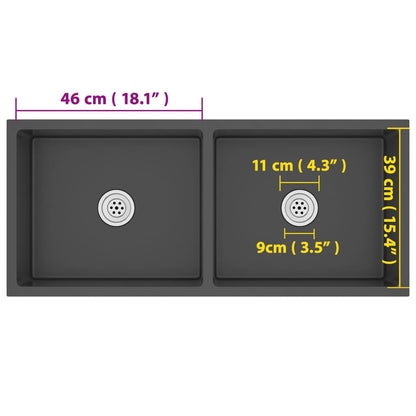 Gootsteen Handgemaakt Roestvrij Staal 100 x 44 x 20 cm (two sinks) Zwart
