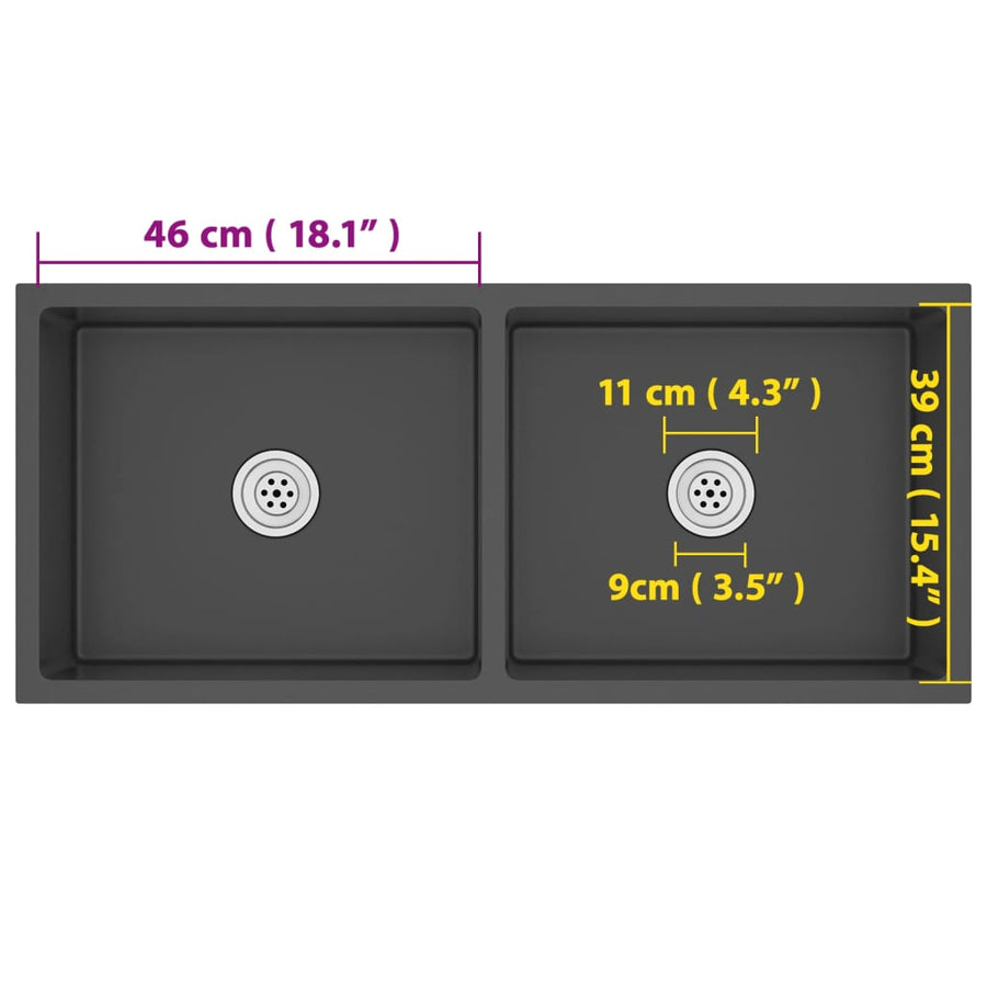 Gootsteen Handgemaakt Roestvrij Staal 100 x 44 x 20 cm (two sinks) Zwart