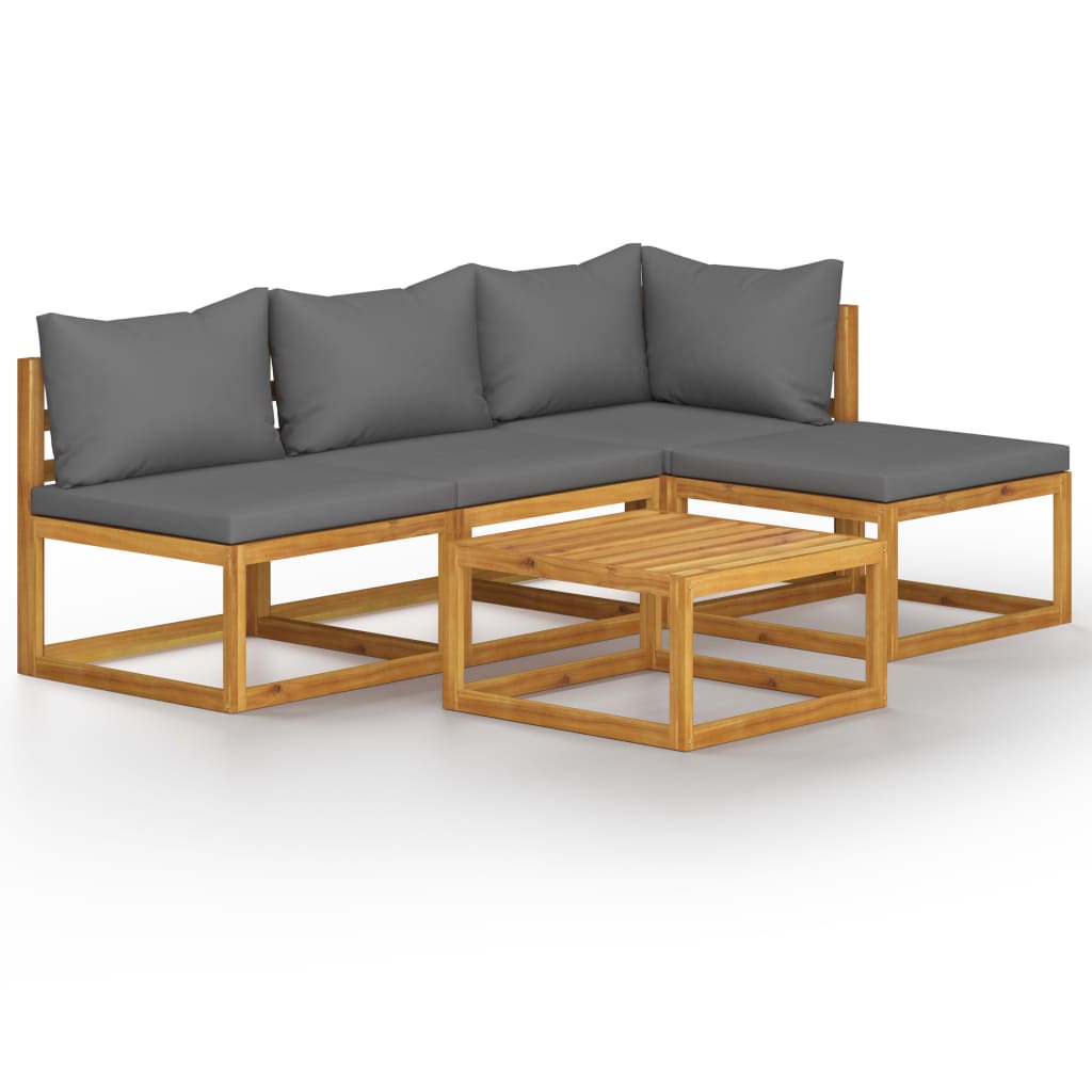 5-Delige Loungeset Met Kussens Massief Acaciahout Donkergrijs hoek + 2x midden + voetensteun + Tafel