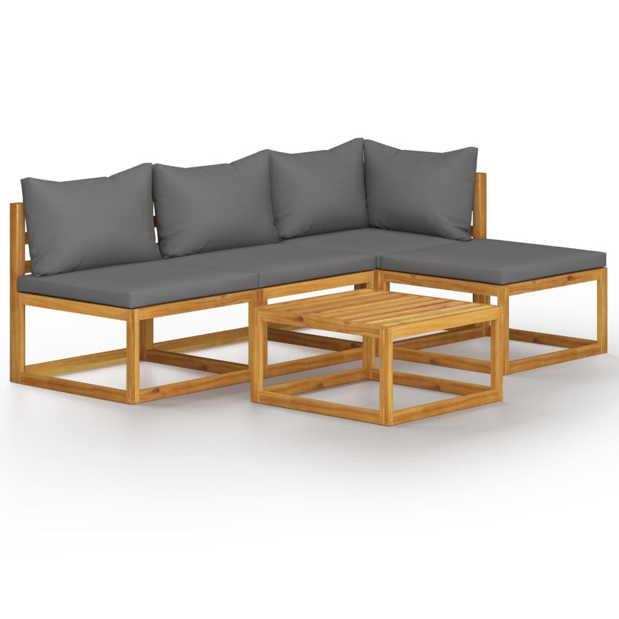 5-Delige Loungeset Met Kussens Massief Acaciahout Donkergrijs hoek + 2x midden + voetensteun + Tafel