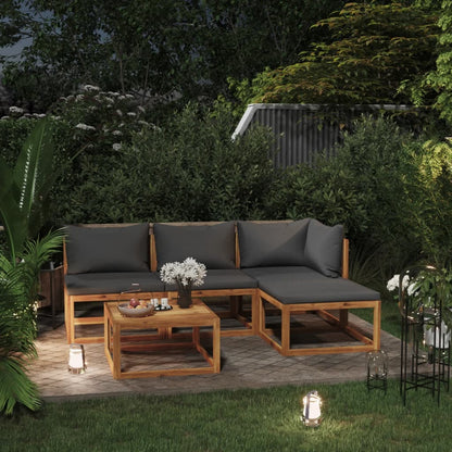 5-Delige Loungeset Met Kussens Massief Acaciahout Donkergrijs hoek + 2x midden + voetensteun + Tafel