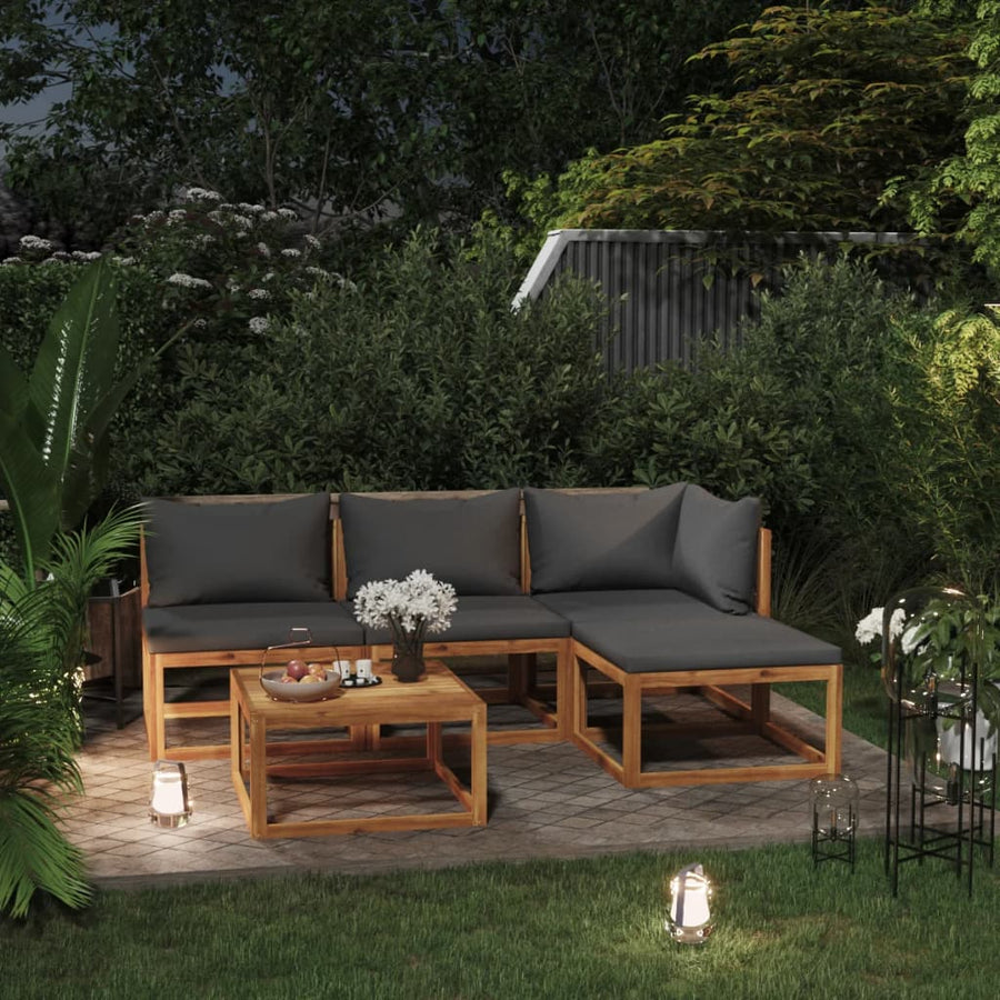 5-Delige Loungeset Met Kussens Massief Acaciahout Donkergrijs hoek + 2x midden + voetensteun + Tafel