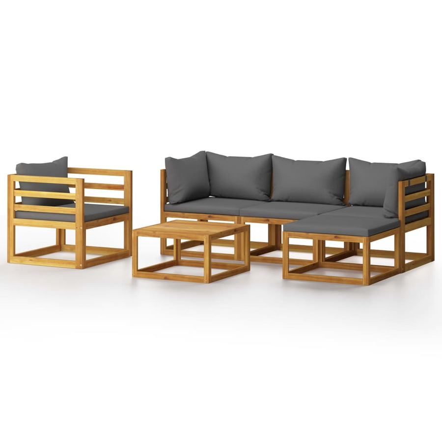 6-Delige Loungeset Met Kussens Massief Acaciahout Donkergrijs 2x hoek + midden + Fauteuil + voetensteun + Tafel