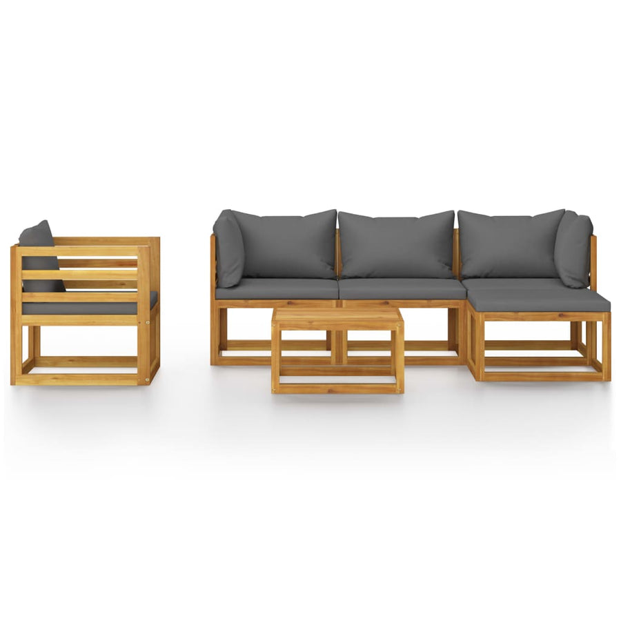 6-Delige Loungeset Met Kussens Massief Acaciahout Donkergrijs 2x hoek + midden + Fauteuil + voetensteun + Tafel