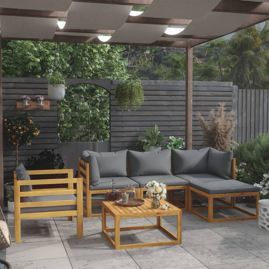 6-Delige Loungeset Met Kussens Massief Acaciahout Donkergrijs 2x hoek + midden + Fauteuil + voetensteun + Tafel