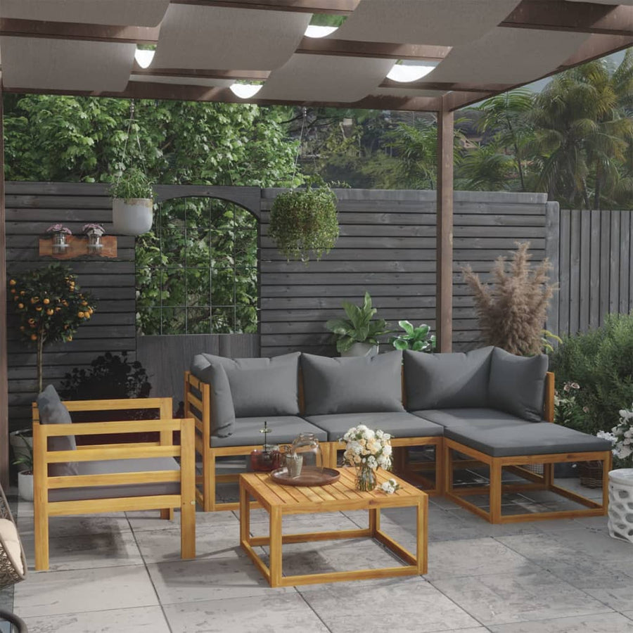 6-Delige Loungeset Met Kussens Massief Acaciahout Donkergrijs 2x hoek + midden + Fauteuil + voetensteun + Tafel